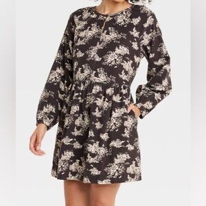 Universal Thread Black Floral Corduroy Long Balloon Sleeve Dress Size XXL